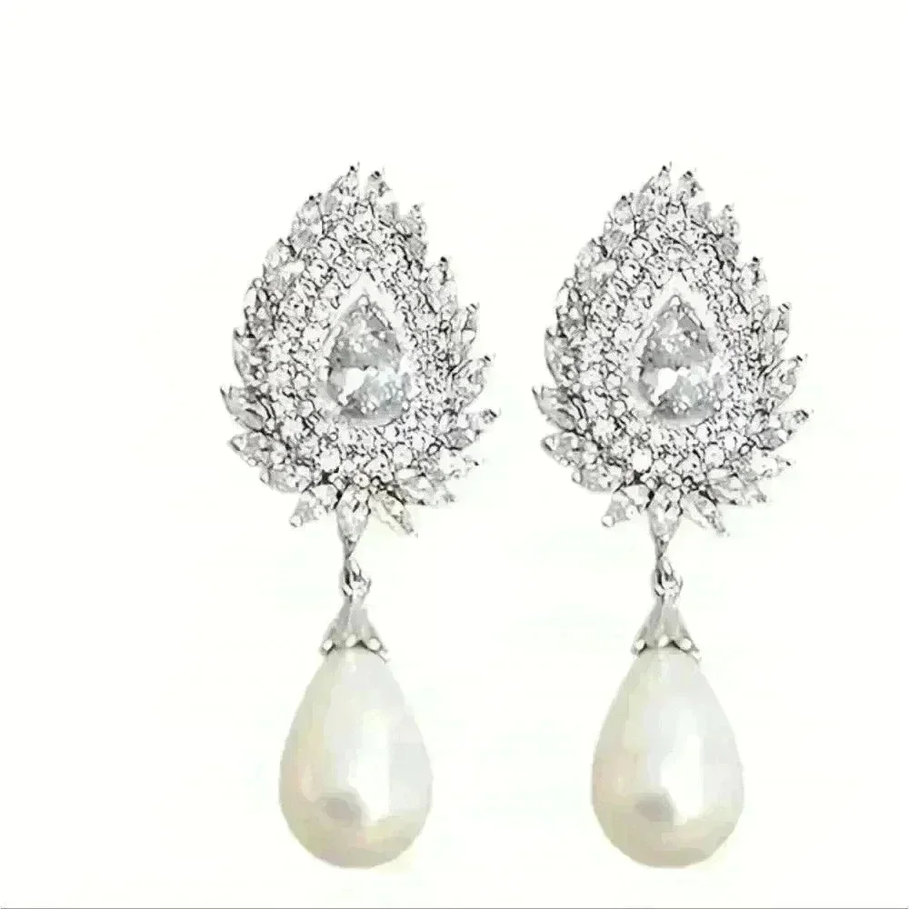 Silver Teardrop Shape Shiny Zircon & Faux Pearl earrings. - Picture 2 of 5